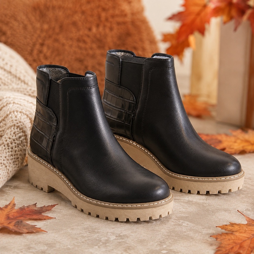 DV by Dolce Vita Black Leather Ankle Booties with Tan Lug Sole